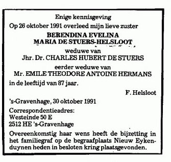 Berendina Evelina Maria Helsloot 1904 overlijdensadvertentie