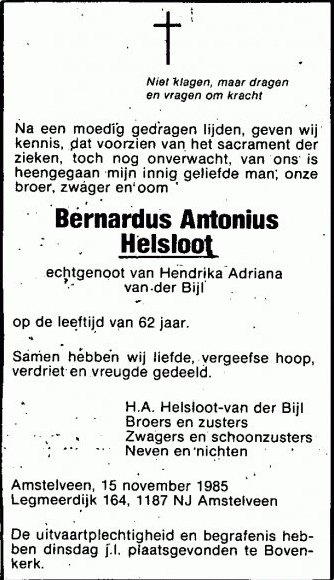Bernadus Antonius Helsloot 1922 overlijdensadvertentie