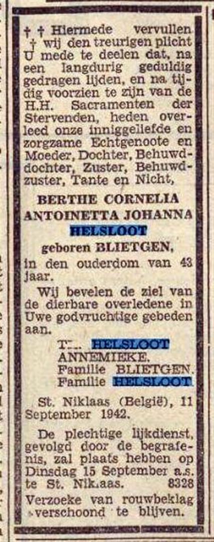 Bertha Cornelia Antoinetta Johanna Blietgen overlijdensadvertentie