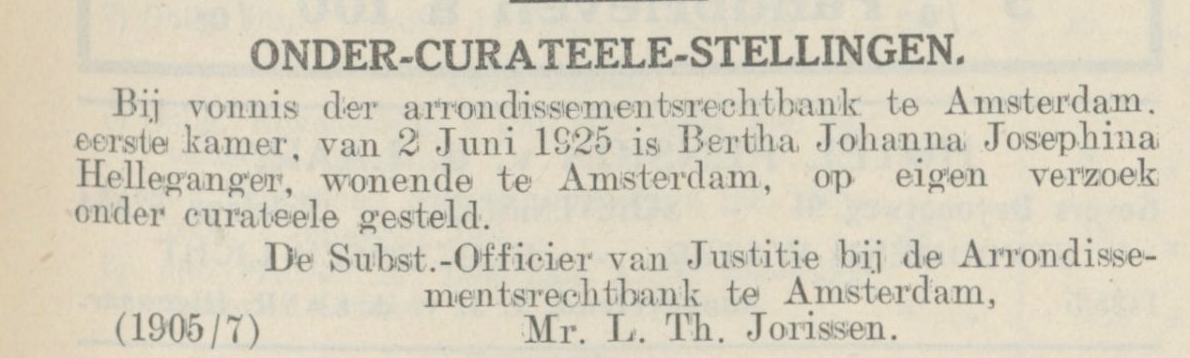 Bertha Johanna Josephina Helleganger 1902 onder curateele stelling