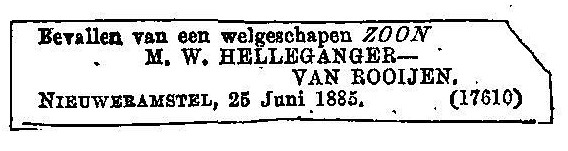 Carel Clement Maria Helleganger 1885 geboorteadvertentie