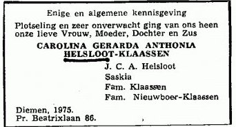 Carolina Gerarda Anthonia Klaassen overlijdensadvertentie