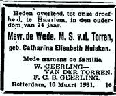 Catharina Elisabeth Huisken overlijdensadvertentie