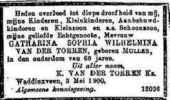 Catharina Sophia Wilhelmina Muller overlijdensadvertentie