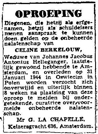 Celine Berkelouw aangifte overlijden 22 juni 1950