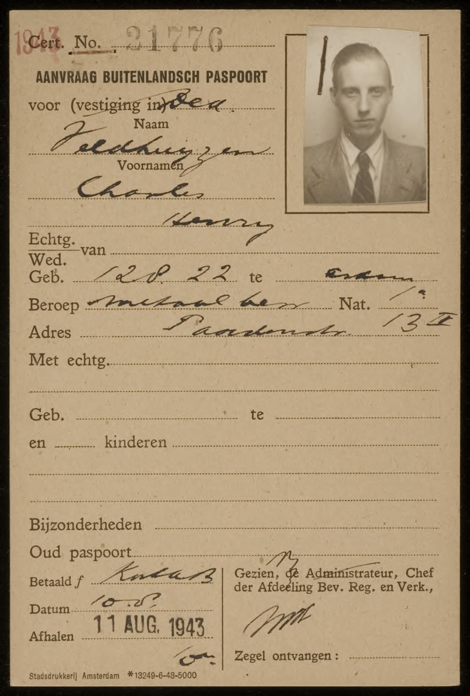 Charles Henry Veldhuijzen Paspoortaanvraag 1943