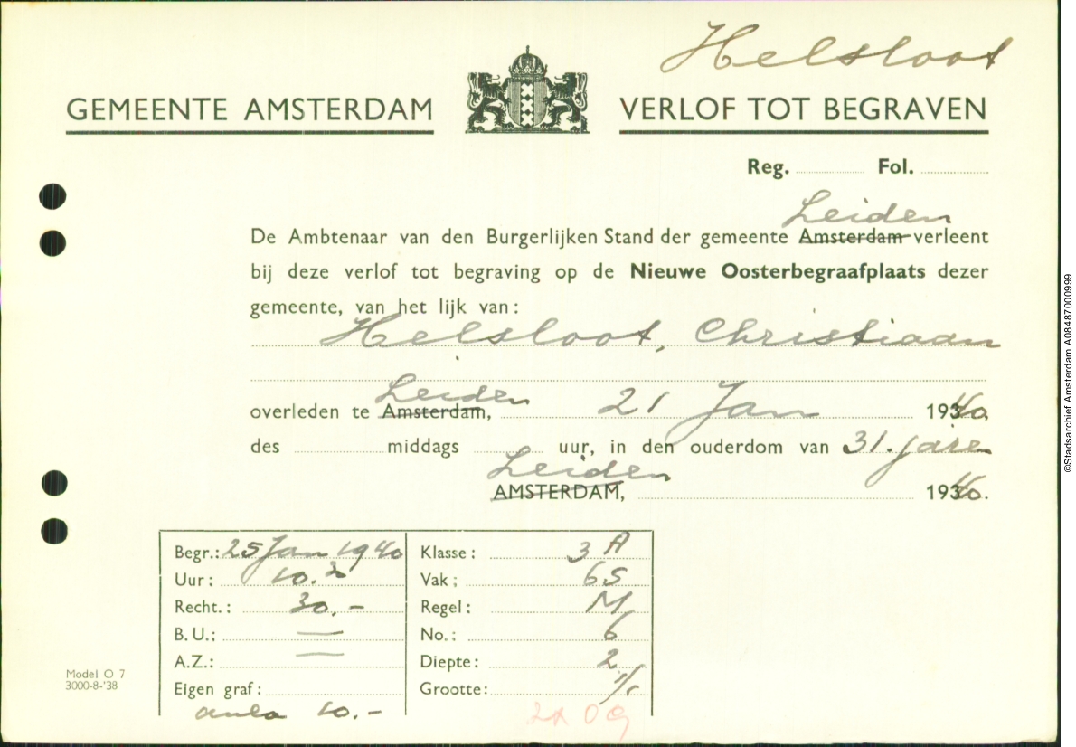 Christiaan Helsloot 1908 begraafverlof
