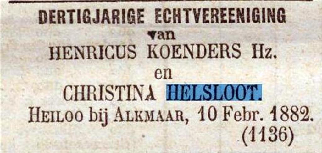 Christina Anna Helsloot 1822 huwelijksjubileumadvertentie De Tijd 10 februari 1882