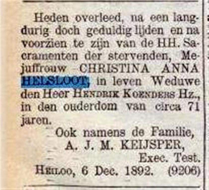 Christina Anna Helsloot 1822 overlijdensadvertentie