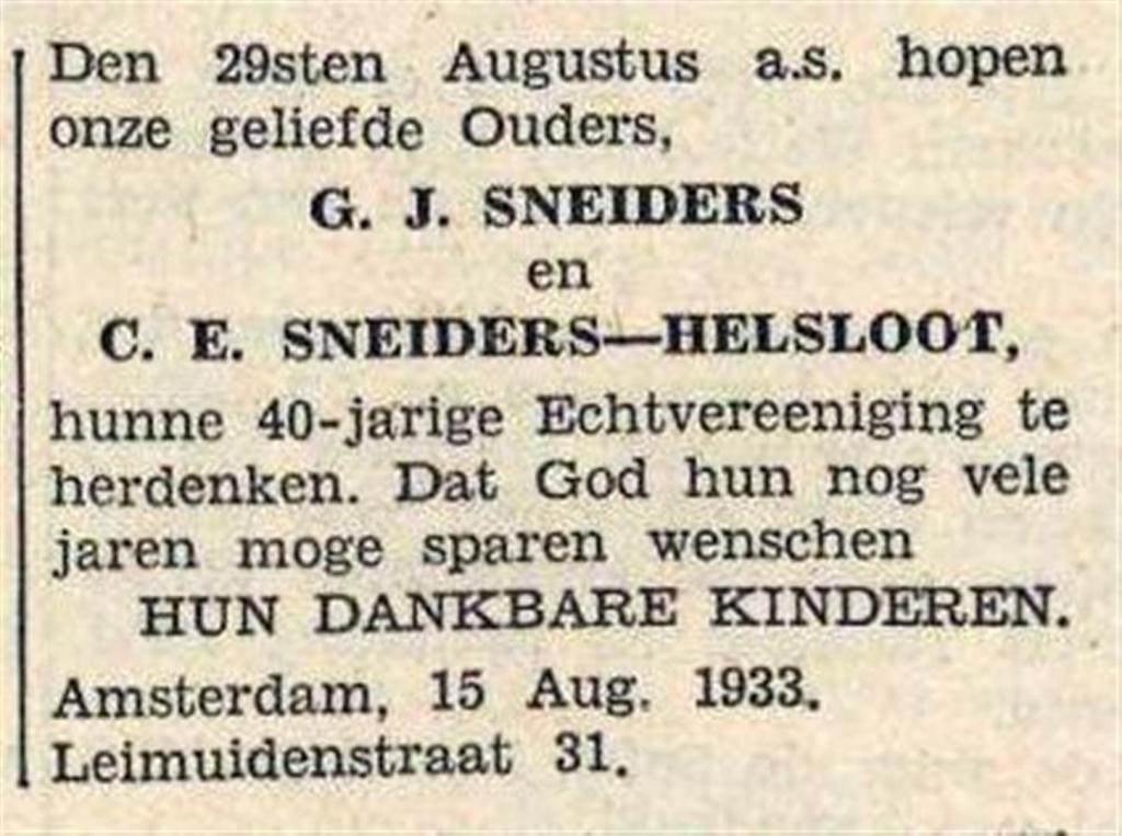 Christina Elisabeth Helsloot 1871 huwelijksjubileumadvertentie ; De Tijd 14-8-1933