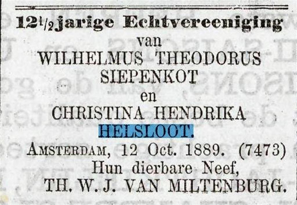 Christina Hendrika Helsloot 1855 huwelijksjubileumadvertentie