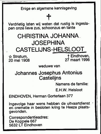 Christina Johanna Josephina Helsloot 1908 overlijdensadvertentie