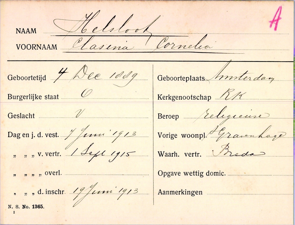 Clasina Cornelia Helsloot 1889 dienstbodekaart