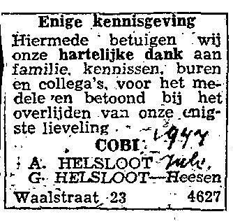 Cobi Helsloot overlijdensadvertentie