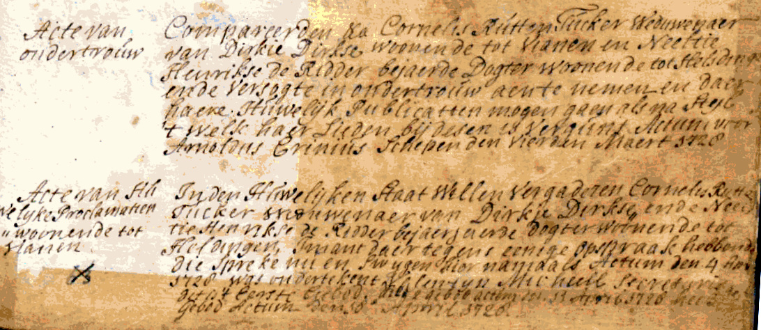 Cornelia de Ridder 1677 x Cornelis Rutten Tucker ondertrouwboek I