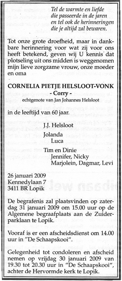 Cornelia Pietje Vonk overlijdensadvertentie