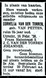 Cornelia van Petten overlijdensadvertentie