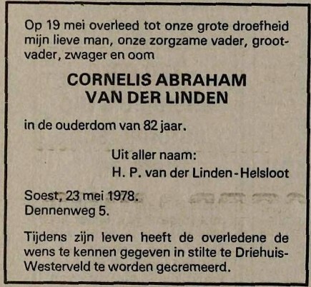 Cornelis Abraham van der Linden overlijdensadvertentie