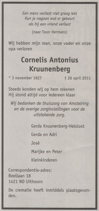 Cornelis Antonius Kruunenberg overlijdensadvertentie Nieuwe Meerbode