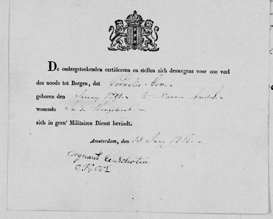Cornelis Bon 1791 verklaring Militairen Dienst