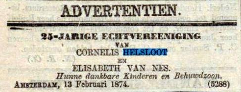 Cornelis Helsloot 1823 huwelijksjubileumadvertentie 1874