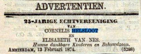 Cornelis Helsloot 1823 huwelijksjubileumadvertentie 1874