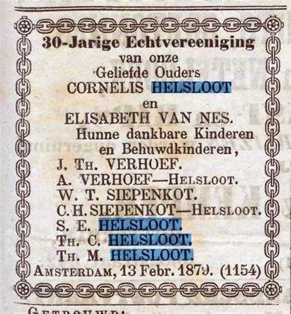 Cornelis Helsloot 1823 huwelijksjubileumadvertentie 1879 II