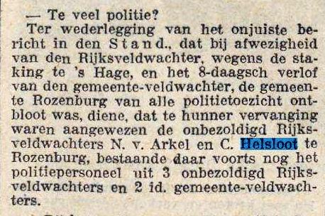 Cornelis Helsloot 1884 benoeming onbezoldigd rijksveldwachter ; Rotterdams Nieuwsblad 29-7-1914