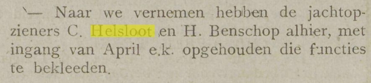 Cornelis Helsloot 1884 jachtopziener Rozenburg ; Westlandse Courant 29 januari 1916