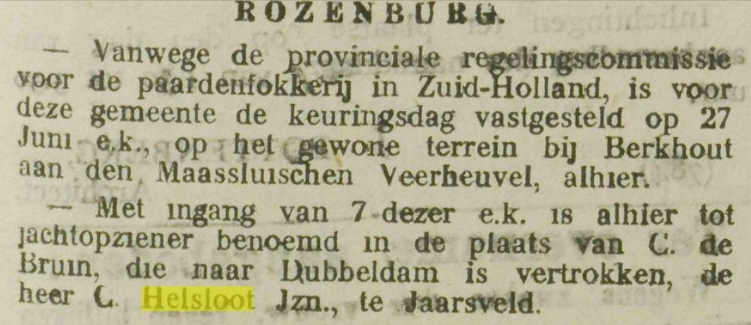Cornelis Helsloot 1884 jachtopziener Rozenburg ; Westlandse Courant 5 april 1913