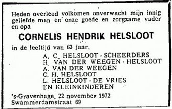 Cornelis Hendrik Helsloot 1909 overlijdensadvertentie