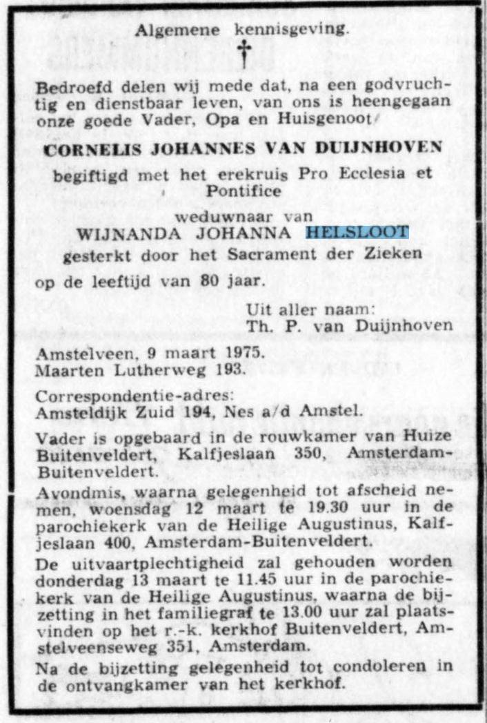 Cornelis Johannes van Duijnhoven overlijdensadvertentie