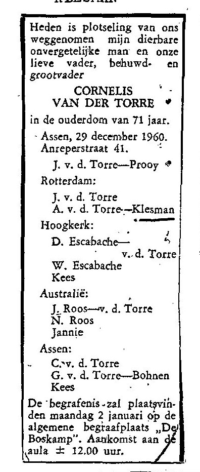 Cornelis van de Torre 1889 overlijdensadvertentie