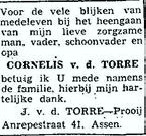 Cornelis van de Torre 1889 overlijdensadvertentie II