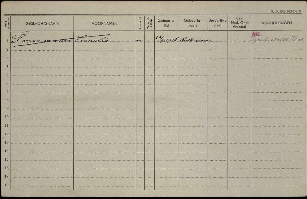 Cornelis van der Torre 1916 gezinskaart I