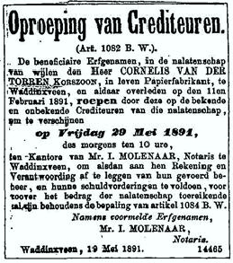 Cornelis van der Torren 1847 oproeping crediteuren