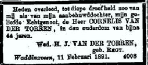 Cornelis van der Torren 1847 overlijdensadvertentie I
