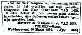 Cornelis van der Torren 1847 overlijdensadvertentie II