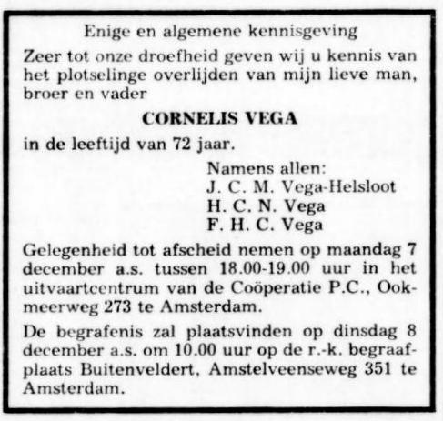 Cornelis Vega overlijdensadvertentie