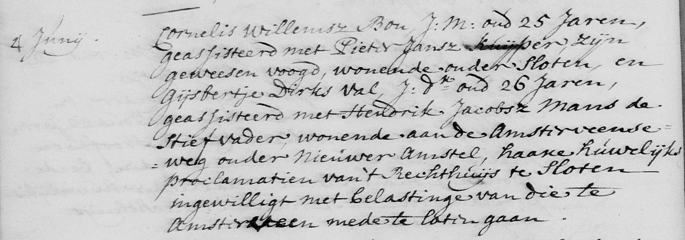 Cornelis Willemsz Bon 1709 x Gijsbertje Dirks Val ondertrouwakte