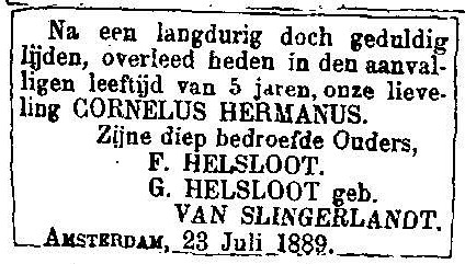 Cornelus Hermanus Helsloot 1884 overlijdensadvertentie