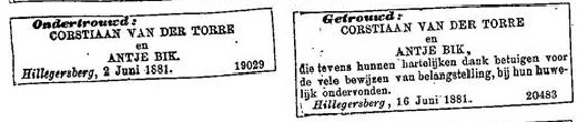 Corstiaan van der Torre 1859 huwelijksadvertentie