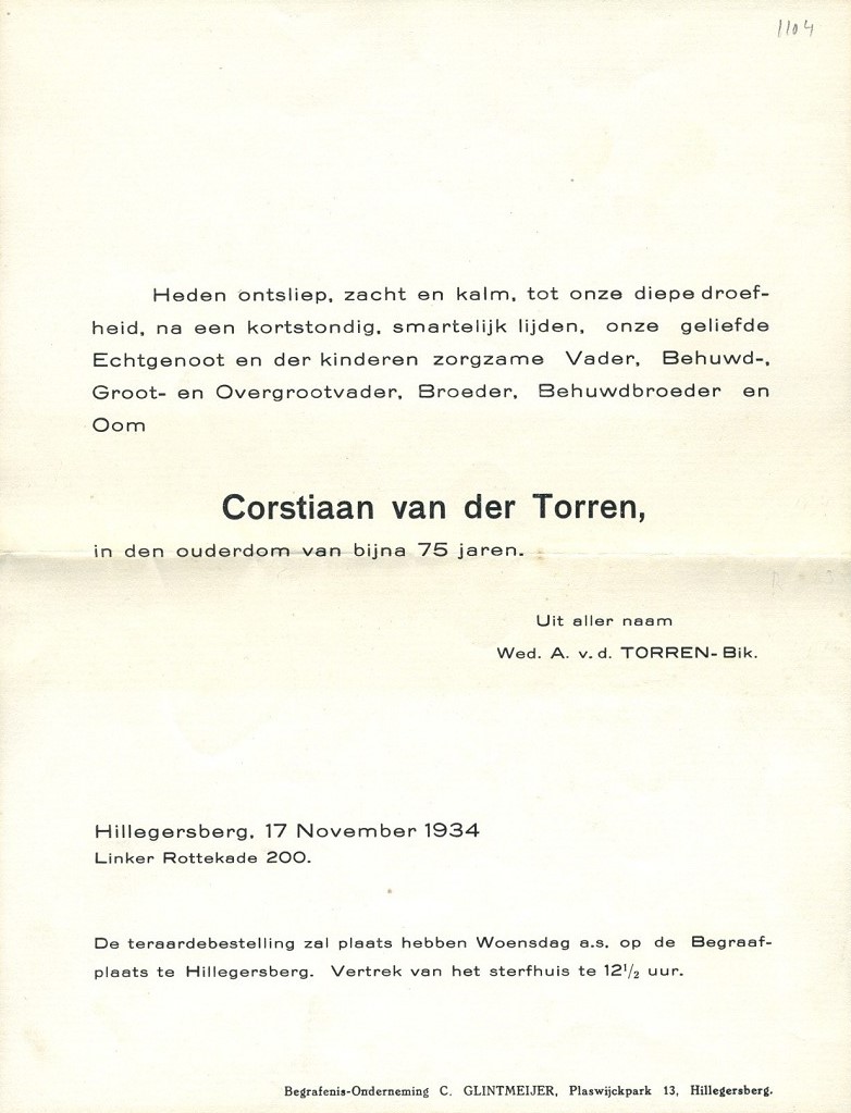 Corstiaan van der Torre 1859 rouwkaart