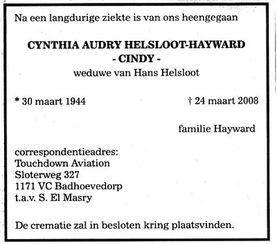 Cynthia Audry Hayward overlijdensadvertentie