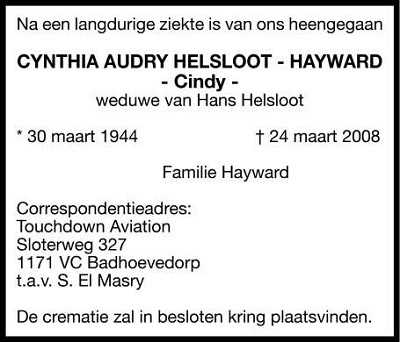 Cynthia Audry Hayward overlijdensadvertentie II