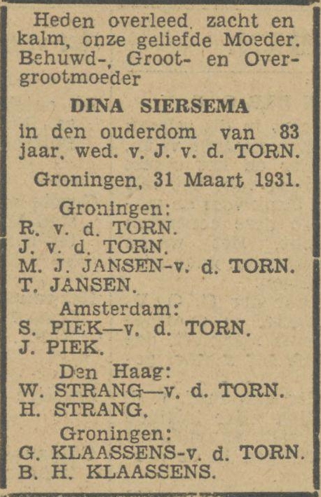 Dina Siersema overlijdensadvertentie