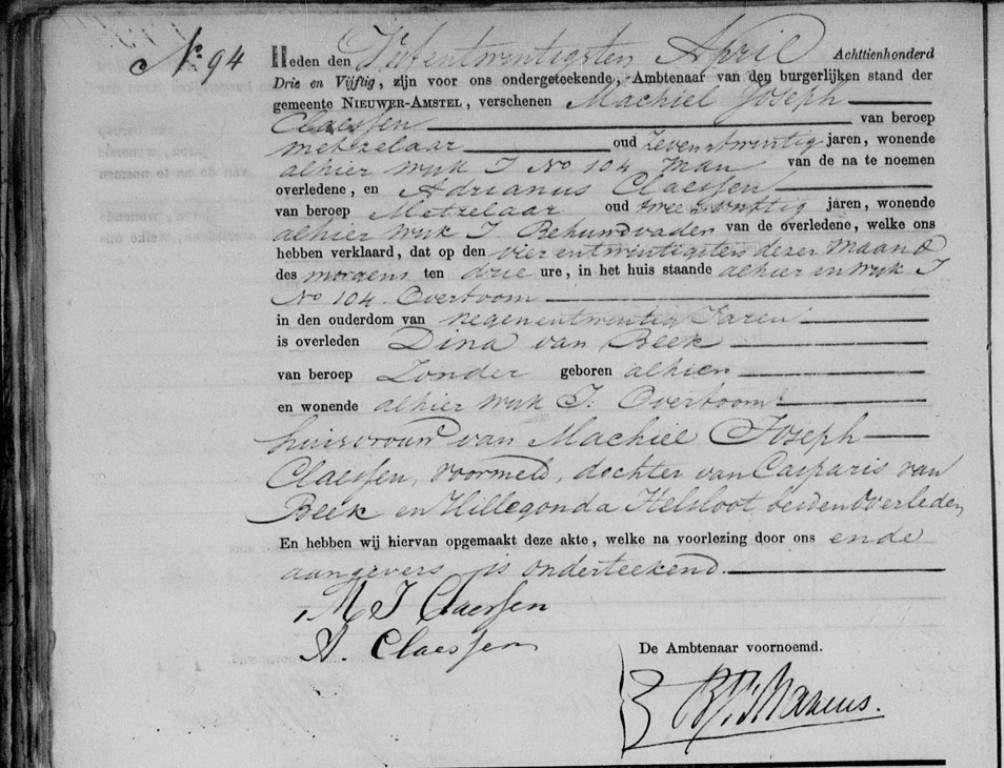 Dina van Beek 1824 overlijdensakte