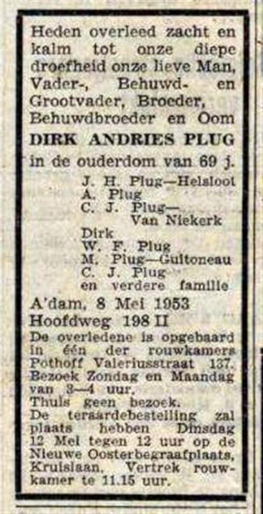 Dirk Andries Plug overlijdensadvertentie