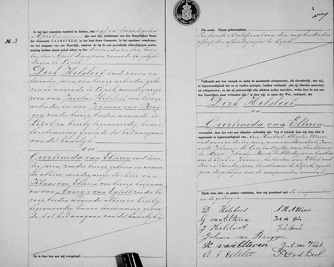 Dirk Helsloot 1885 huwelijksakte