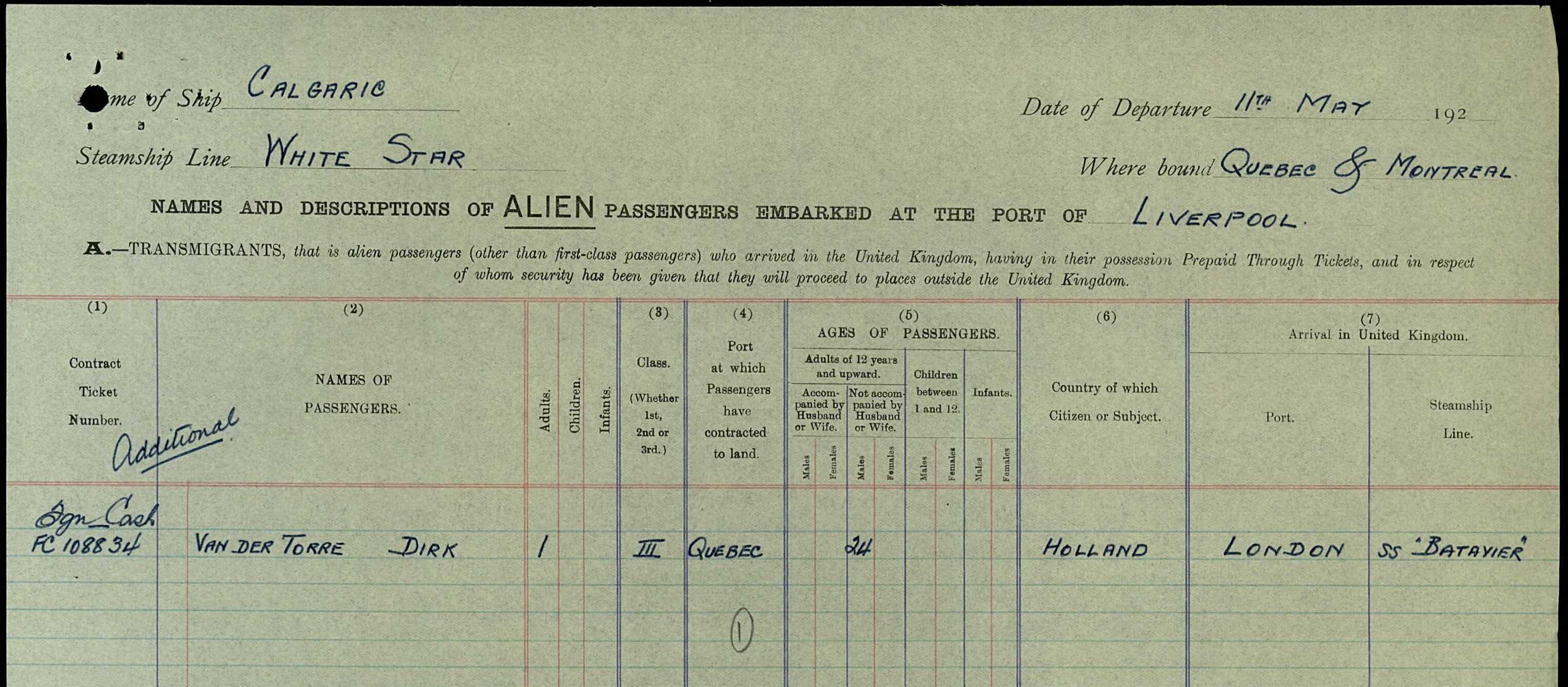 Dirk van der Torre 1904 UK Outward Passenger Lists - Liverpool 1928